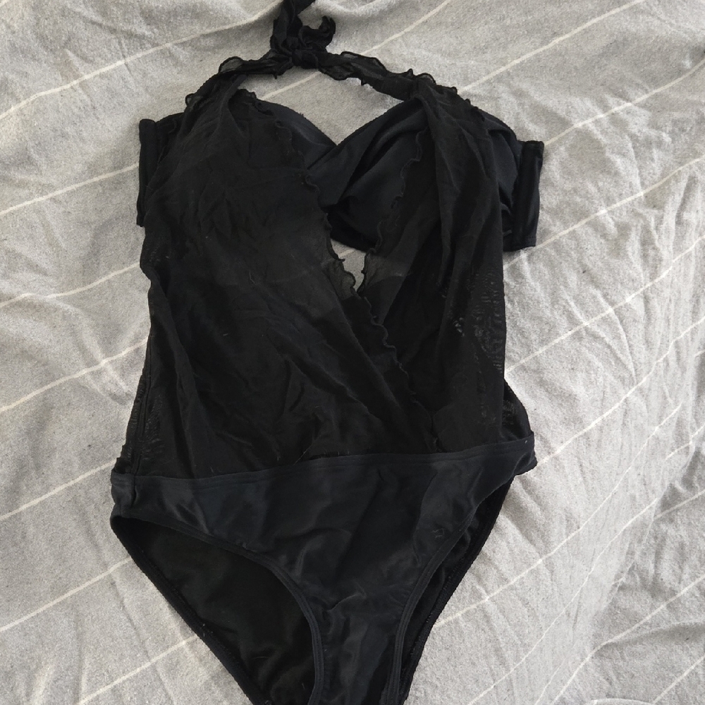 La Vie En Rose Black Halter Surplice One-Piece Swim